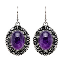 Ornate Silver Drop Earrings with Oval Amethyst Gemstones