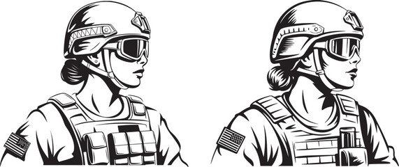 Military female soldier portrait with tactical gear and helmet american flag on sleeve