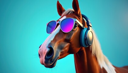 A brown horse with white markings wears cool sunglasses and headphones against a vibrant blue background. It looks stylish and modern, ready for some fun or music.