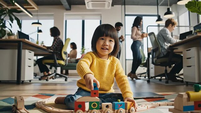 A happy child plays with a toy train in a modern, open-plan office environment with colleagues working in the background