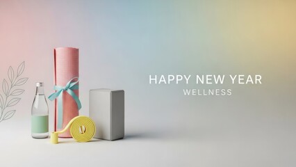 Pink yoga mat with blue ribbon water bottle and yellow measuring tape