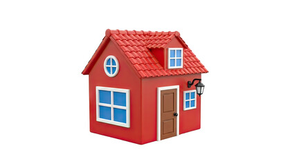 3D Cartoon red house with red tiled roof and windows on transparent background