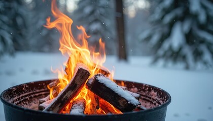 Burning firewood in metal grill contrasts with snowy forest background. Flames provide warmth and light in cold winter setting. Wood logs ignite in brazier creating cozy outdoor atmosphere.