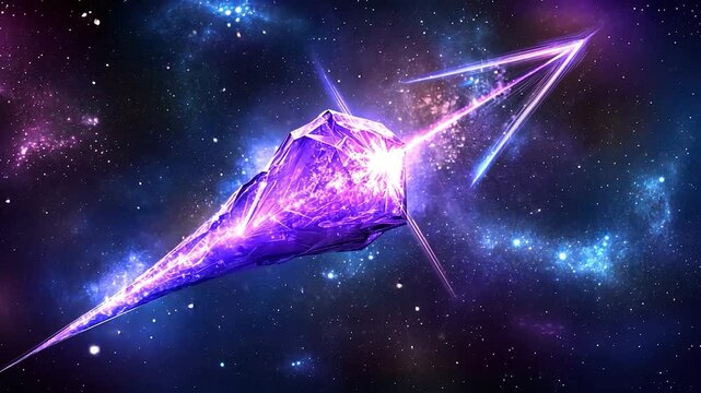 Purple crystal projectile bursts through starry cosmos