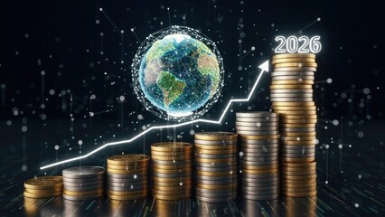 Stacks of gold and silver coins with rising graph and globe