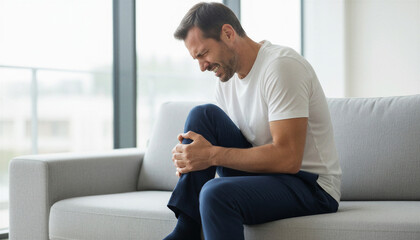 Obraz premium Man sitting on a sofa and clutching his knee in intense pain