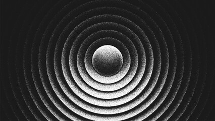 Geometric stippling design with layered concentric circles. Minimalist black and white artwork rendered through fine stippling dots with rhythm, symmetry, visual depth and optical vibration. Vector
