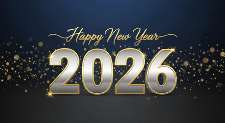 Metallic number "2026" with golden outline and script "Happy New Year" above on dark blue gradient with golden sparkles, representing coming year celebration
