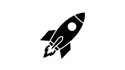 A simple black silhouette of a rocket launching with visible exhaust flames