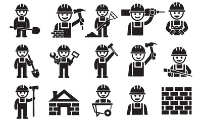 Construction Worker Icons &ndash; Building, Tools, Engineering & Labor Design Set .