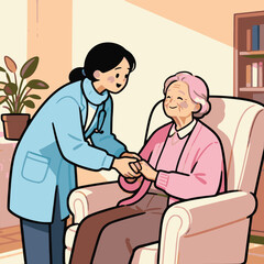 Fototapeta premium Elderly Woman Receiving Care from Healthcare Worker in Nursing Home