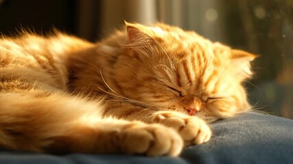 Ginger cat sleeping comfortably on blue cushion in sunlight, relaxation concept