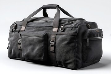 premium travel duffel on white seamless background 45 degree angled product photo studio lights crisp texture, Realistic Photo