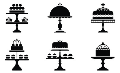 elegant cake stand silhouettes vector set for dessert display bakery shop table decoration wedding party dessert presentation illustration design elements.