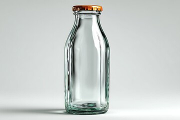 glass milk bottle on pure white seamless background soft natural lighting realistic reflections, Realistic Photo