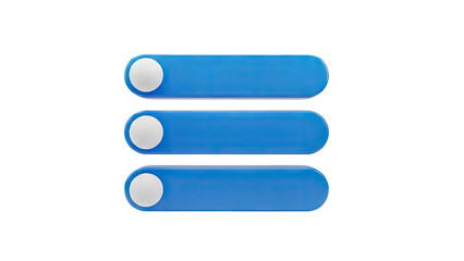 3D Three Blue Toggle Switch Buttons with White Circles on transparent background