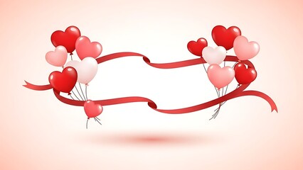 Heart shaped balloons in red, pink, and white with elegant flowing ribbons creating a central frame, perfect for celebratory designs and messages of affection