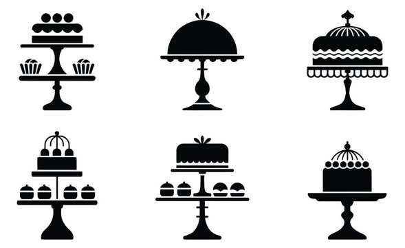 elegant cake stand silhouettes vector set for dessert display bakery shop table decoration wedding party dessert presentation illustration design elements.