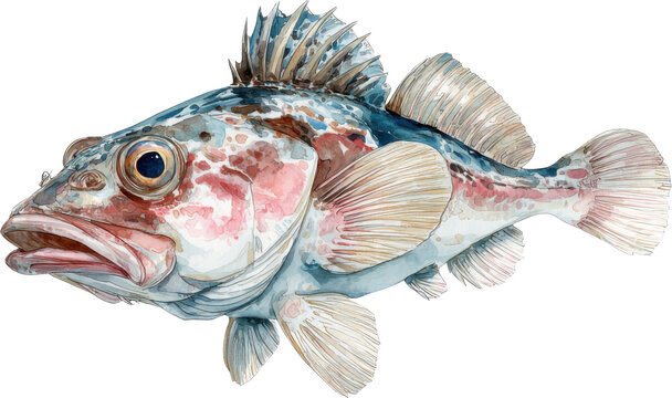 Vibrant watercolor illustration of a lingcod fish isolated on transparent background