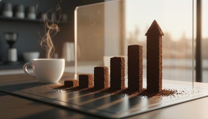 Coffee Grounds Sculpted as Upward Trend Chart on Metallic Surface Displaying Growth