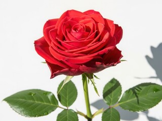 Single vibrant red rose with green leaves