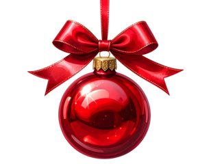 Red bauble, christmas ball with a ribbon decoration, isolated on transparent backgrou jpg