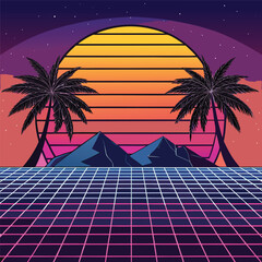  a-wireframe-sun-setting-behind-a-grid-landscape-