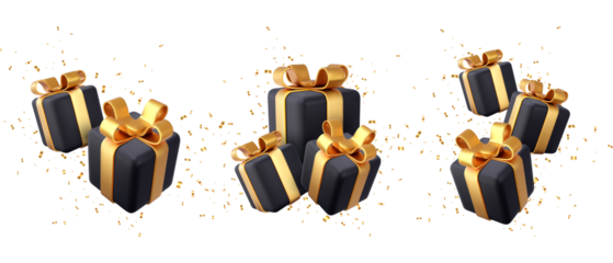 Open gift box with black ribbon isolated on transparent background
