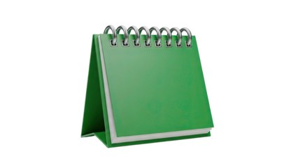 3D Green spiral bound desk calendar with blank pages on transparent background