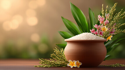 Pongal harvest festival clay pot filled with rice and sugarcane leaves, traditional south indian celebration symbol on green background, cultural banner concept for holidays, rituals, food seasonal
