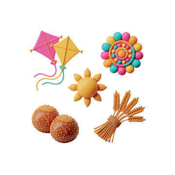 3D Clay Icons  Makar Sankranti Traditional Indian Celebration Elements
