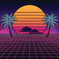  a-wireframe-sun-setting-behind-a-grid-landscape-