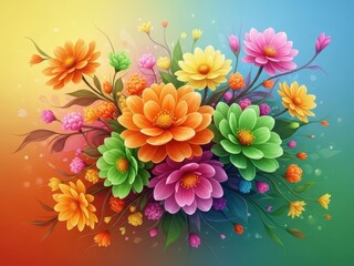 Fototapeta premium Vibrant colorful flowers bouquet with various petals and leaves in a beautiful floral arrangement