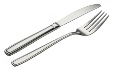 Silver fork and knife silverware isolated on a transparent background