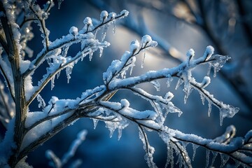 Frozen tree branches covered in ice and snow on a cold winter day