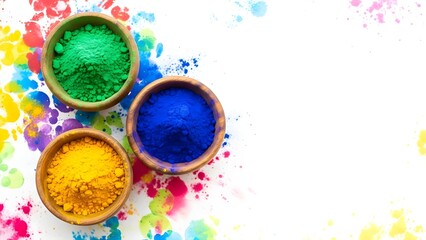 Vibrant holi colors in wooden bowls on a white background with colorful powder splatters