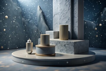 Modern minimalist product display on sleek podium with starry night background