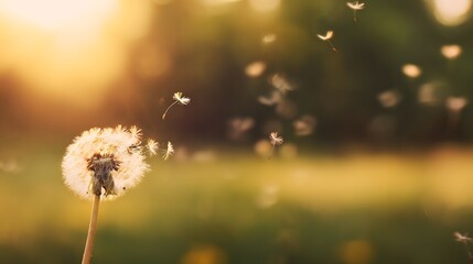 Golden sunset dandelion seeds drift free a peaceful nature scene evokes lightness and freedom stock photography