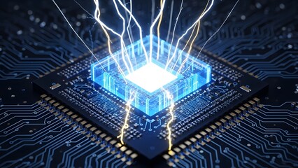 Dynamic Processor Illuminating Advanced Circuit Board with Radiant Energy, Visualizing High-Performance Digital Computing and Future Technological Innovation