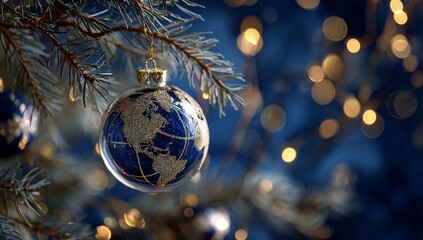 Decorative Christmas Tree Ornament with Earth Globe Design Hanging on Frosted Pine Branch