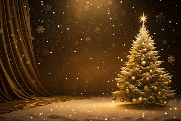Golden Christmas tree with ornaments in a snowy festive setting