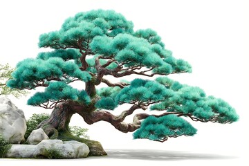 Pine bonsai tree isolated on white background sculpted branches zen aesthetic soft diffused lighting fine art botanical image, Realistic Photo