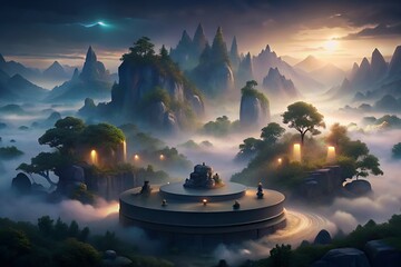 Mystical mountain landscape with ancient temple in foggy valley at sunrise