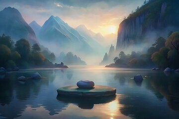 Serene mountain lake at sunrise with misty atmosphere and calm waters