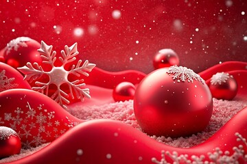 Festive Christmas scene with red ornaments and snowflakes falling gently