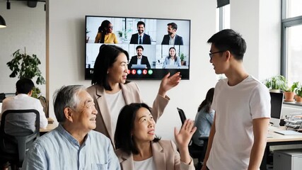 Diverse business team engaged in a collaborative video conference, blending in-person and remote communication strategies in a modern office environment