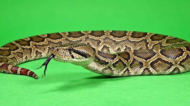 Python snake with tongue flicking on a green background.