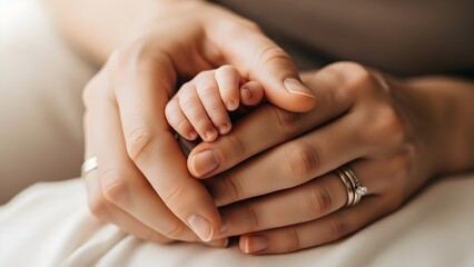 Multiple adult hands protectively surrounding a baby's tiny hand, symbolizing a strong family support system.
