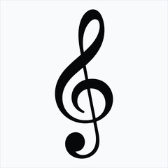 A bold black treble clef symbol stands prominently against a clean white backdrop representing musical notation