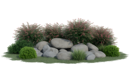 Rock garden with blooming flowers isolated on transparent background